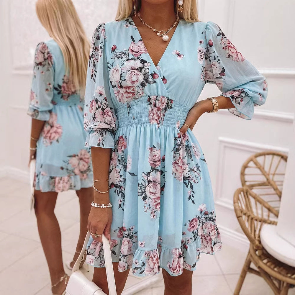 Printed V-neck chiffon dress